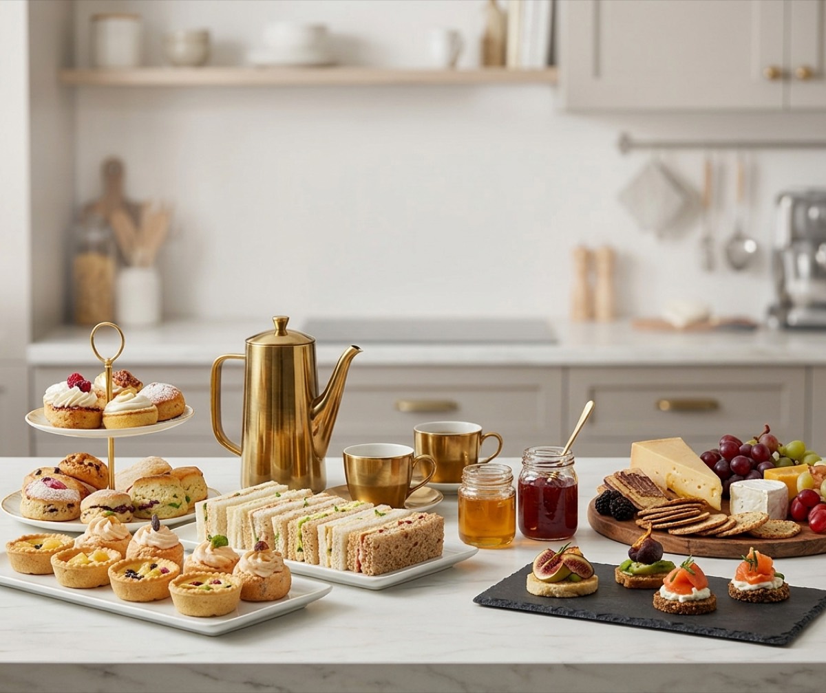 A morning tea spread of scones, sandwiches, tarts and a cheese board on a kitchen bench