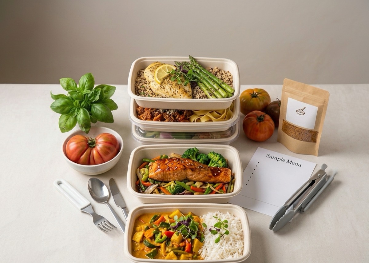 Four cooked meals packed in containers on a bench with fresh basil and tomatoes
